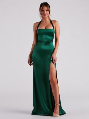 Kenia Formal Satin Halter Long Dress