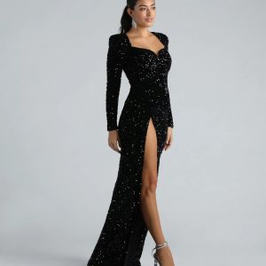 Trina Formal Velvet Sequin Long Sleeve A-Line Dress