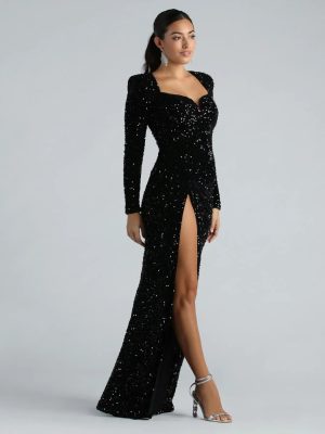 Trina Formal Velvet Sequin Long Sleeve A-Line Dress