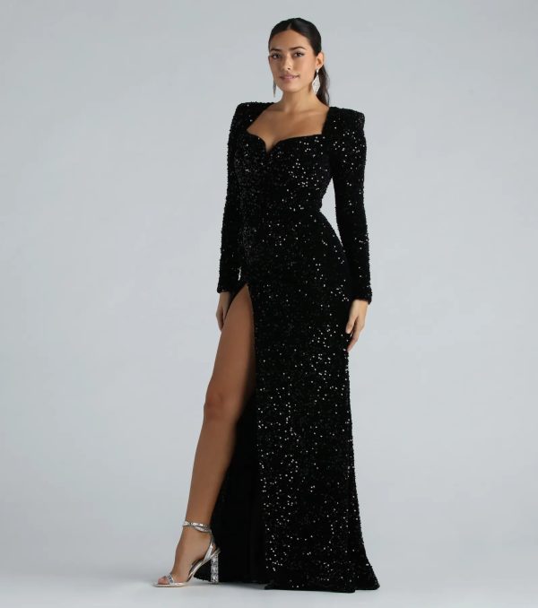 Trina Formal Velvet Sequin Long Sleeve A-Line Dress - Image 2