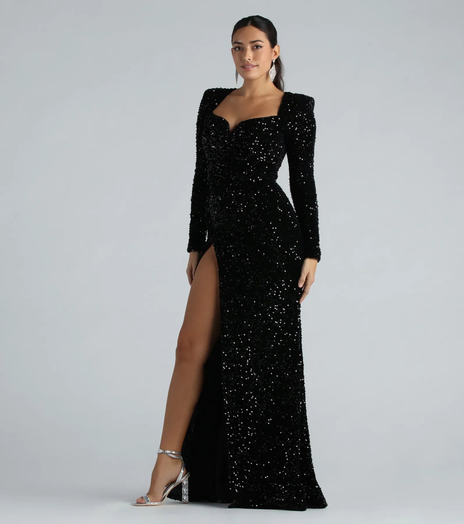 Trina Formal Velvet Sequin Long Sleeve A-Line Dress - Image 2