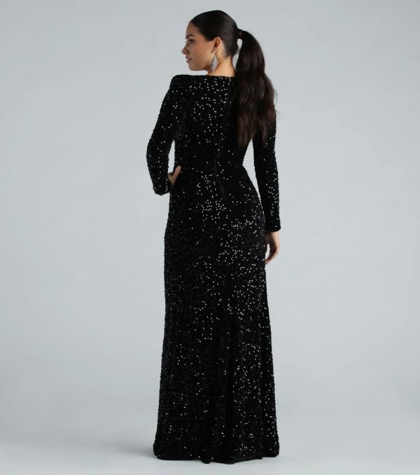 Trina Formal Velvet Sequin Long Sleeve A-Line Dress - Image 3