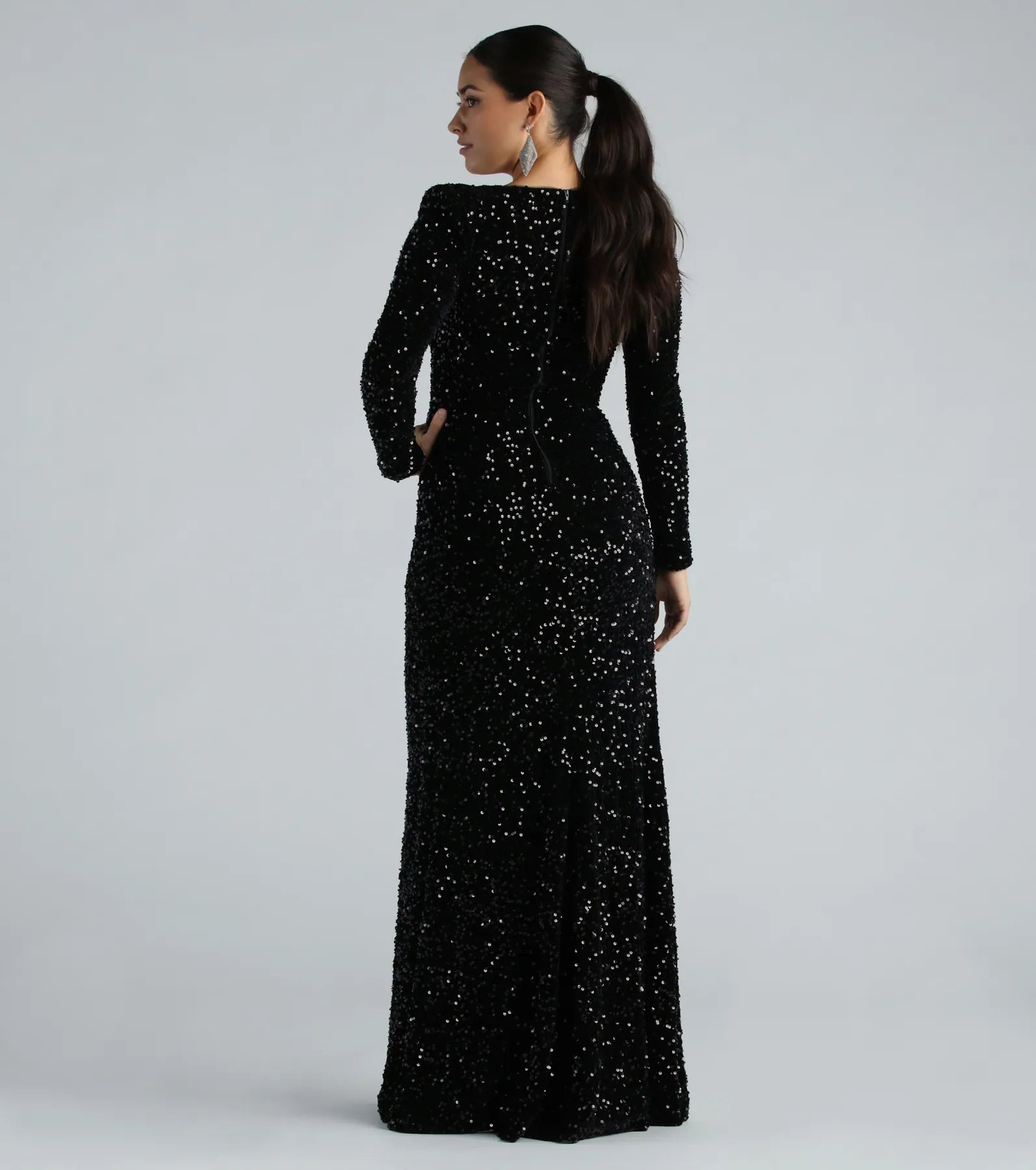 Trina Formal Velvet Sequin Long Sleeve A-Line Dress - Image 3