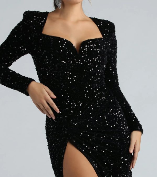 Trina Formal Velvet Sequin Long Sleeve A-Line Dress - Image 4