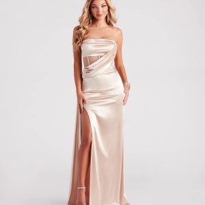 Celine Formal Satin A-Line Dress With Sash