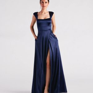 Lisa Satin High Slit A-Line Formal Dress