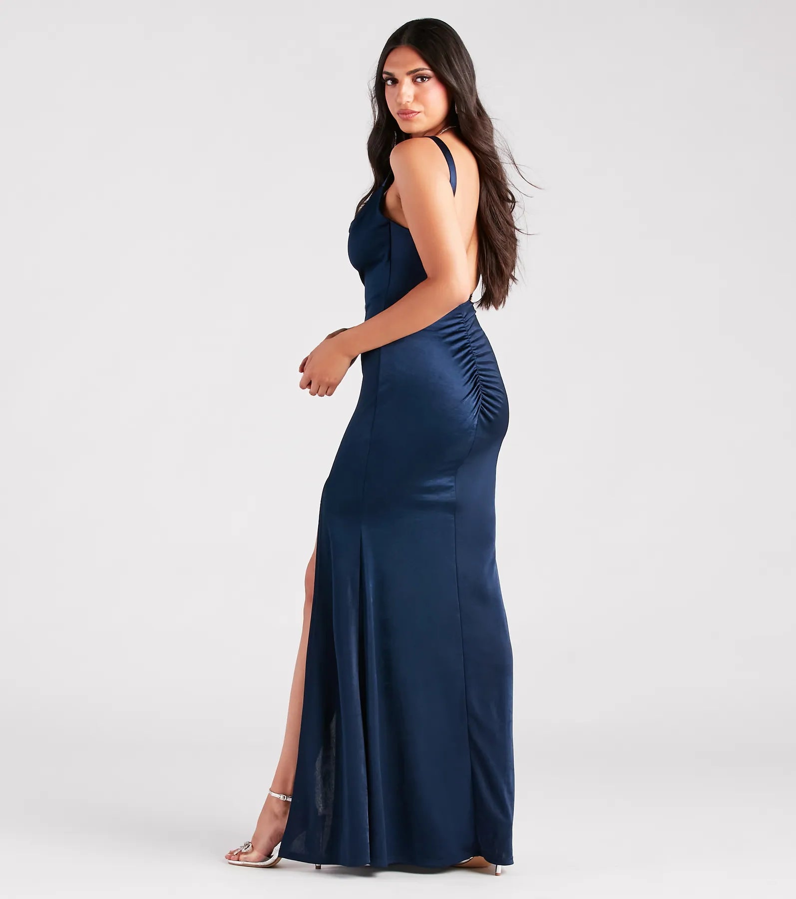 Angeline Low Back High Slit Satin Mermaid Dress - Image 2