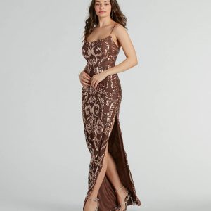 Bronwen High Slit Sequin Mesh Formal Dress