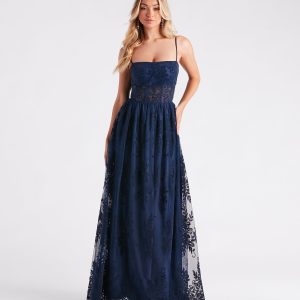 Carmelle Formal Flocked Mesh A-Line Dress