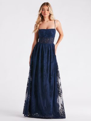 Carmelle Formal Flocked Mesh A-Line Dress