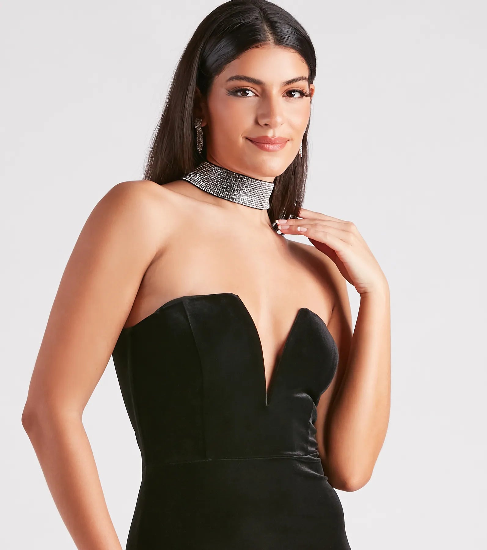 Gemma Rhinestone Collar Velvet Strapless Mermaid Dress - Image 4