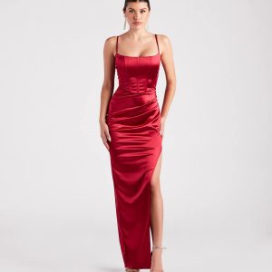 Helena Formal Satin Corset Slit Dress