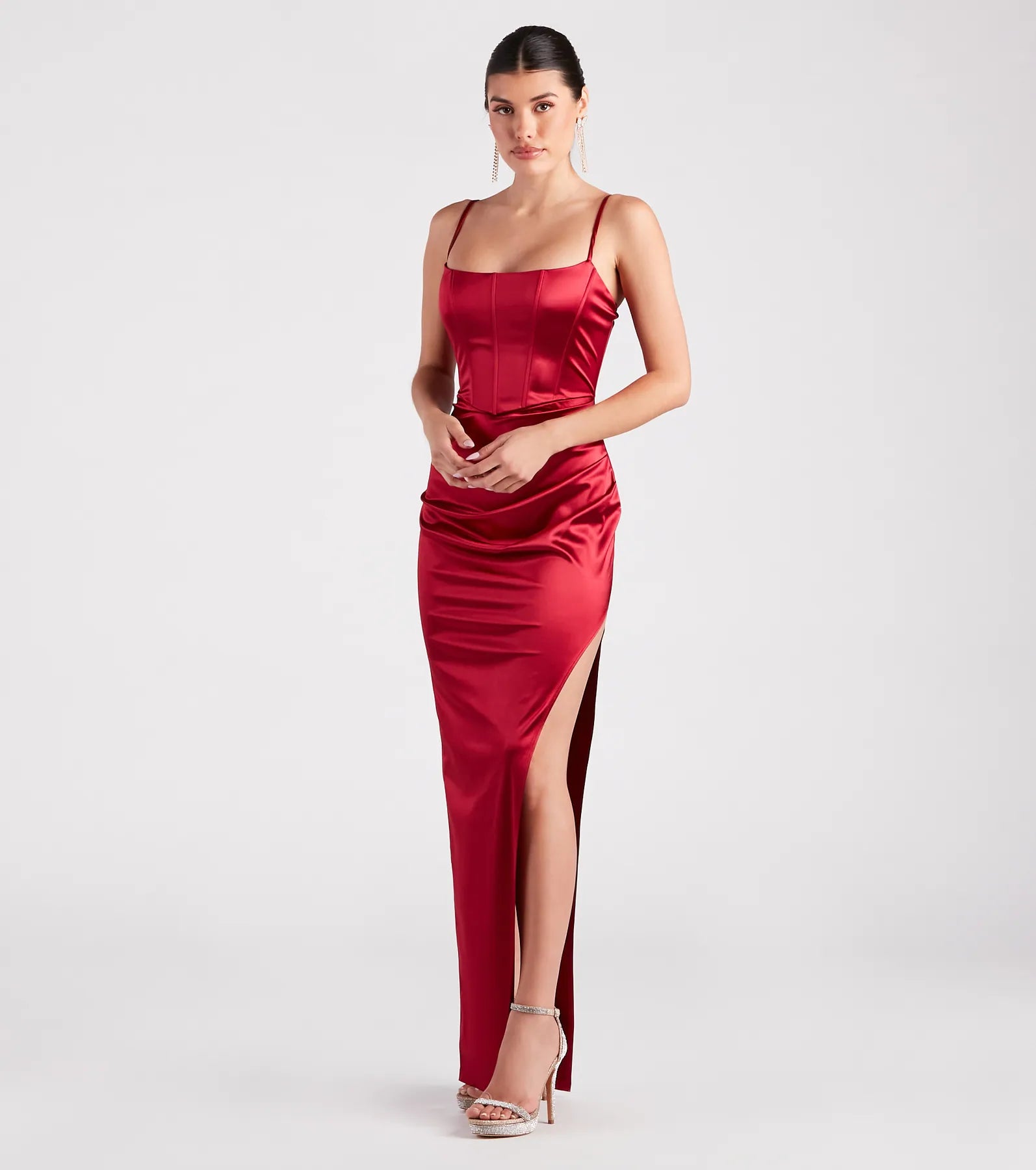 Helena Formal Satin Corset Slit Dress - Image 3