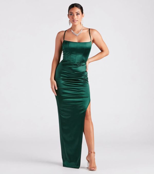 Helena Formal Satin Corset Slit Dress - Image 5