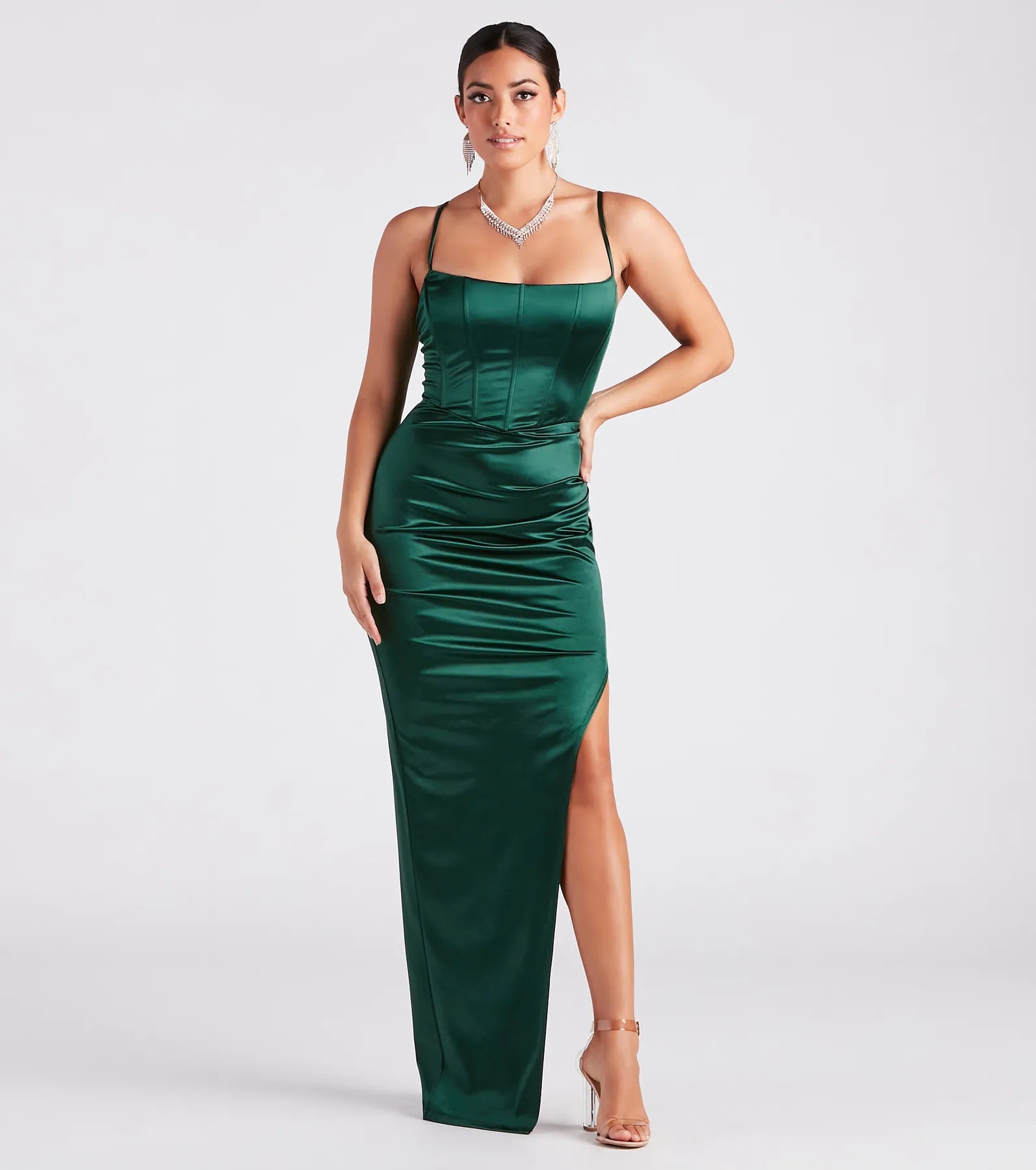 Helena Formal Satin Corset Slit Dress - Image 5