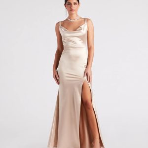 Kaylani Formal Satin Cowl Neck Long Dress