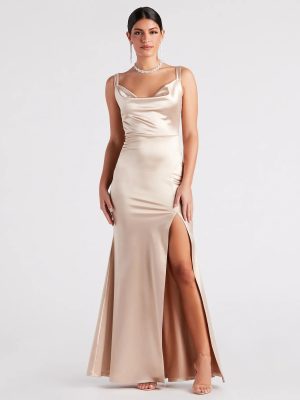 Kaylani Formal Satin Cowl Neck Long Dress