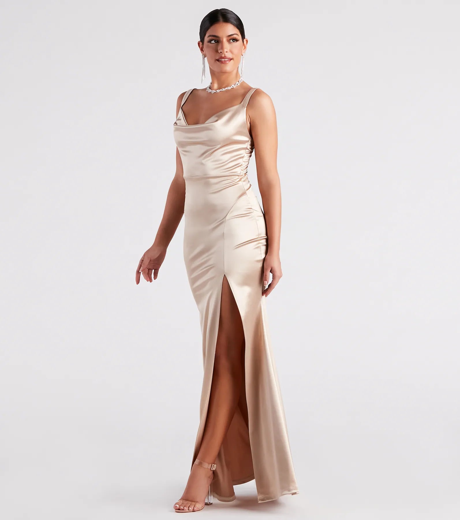 Kaylani Formal Satin Cowl Neck Long Dress - Image 3