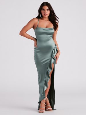 Lauren Ruffled Slit Satin Formal Dress