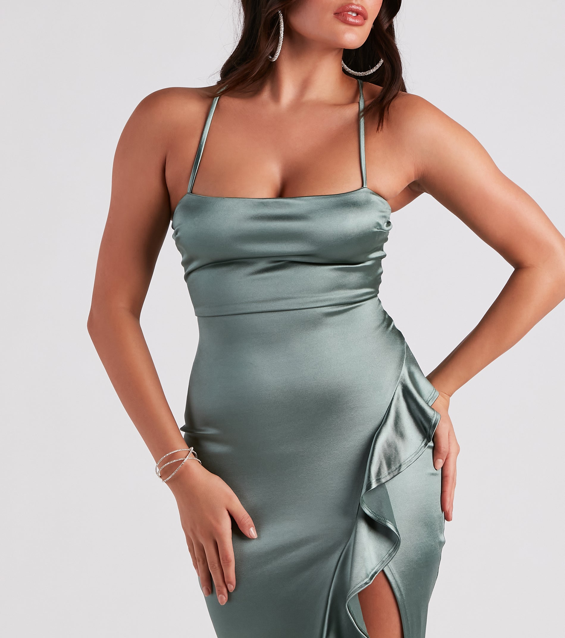 Lauren Ruffled Slit Satin Formal Dress - Image 4