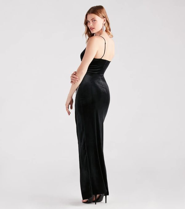 Dina Formal Velvet Rhinestone Slit Dress - Image 2