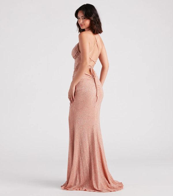 Rosalyn Ruched Glitter Knit High Slit Formal Dress - Image 2