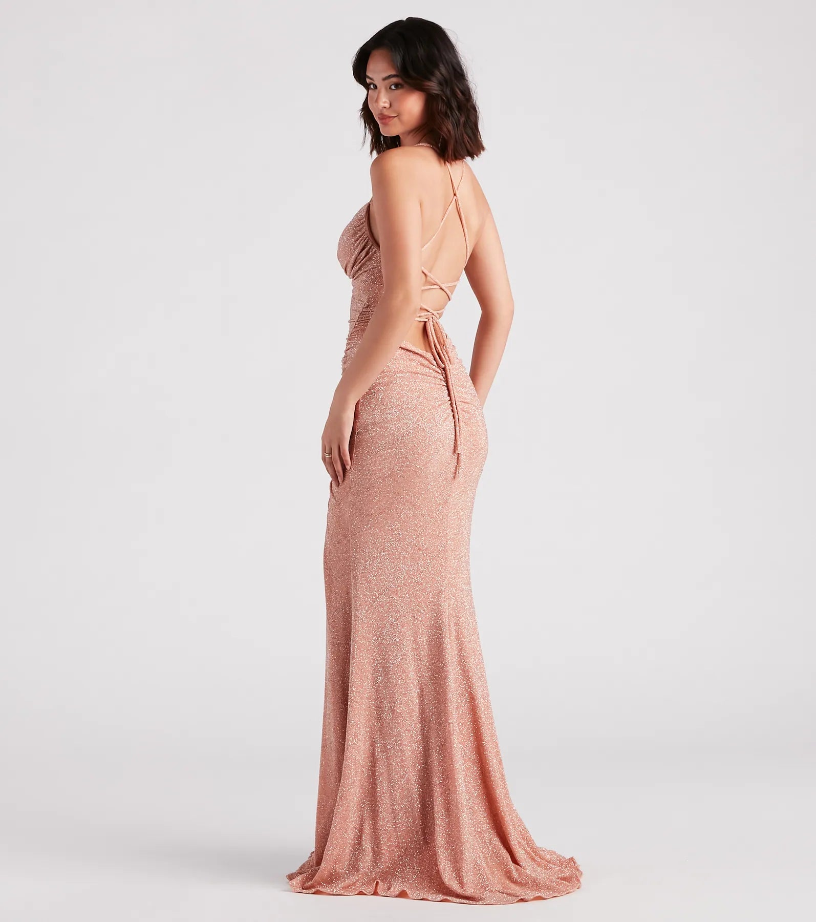 Rosalyn Ruched Glitter Knit High Slit Formal Dress - Image 2