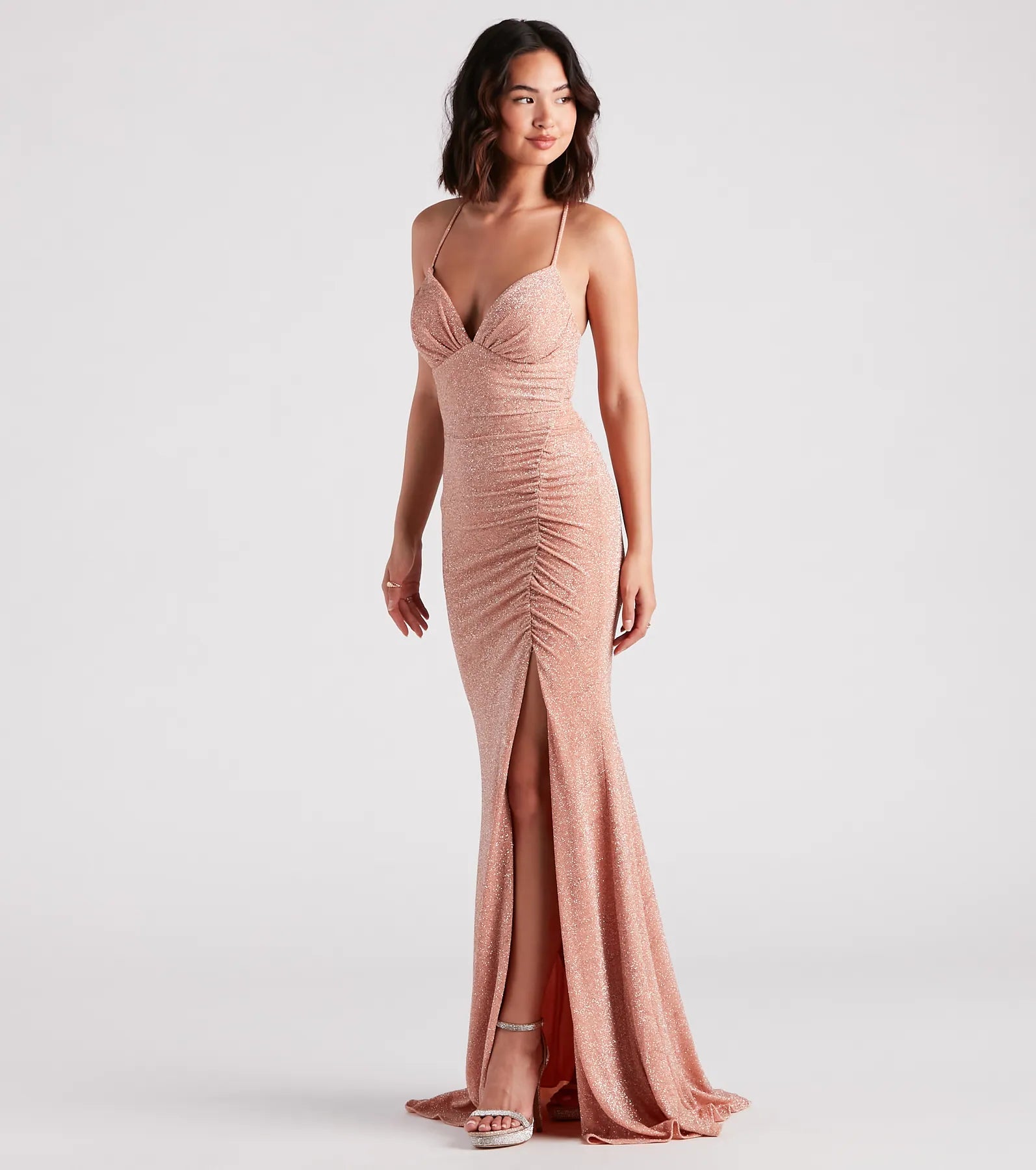 Rosalyn Ruched Glitter Knit High Slit Formal Dress - Image 3