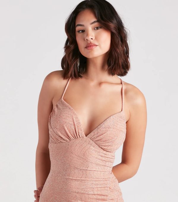 Rosalyn Ruched Glitter Knit High Slit Formal Dress - Image 4