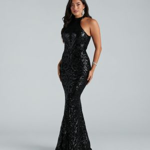 Sallie Formal Sequin Halter Mermaid Dress