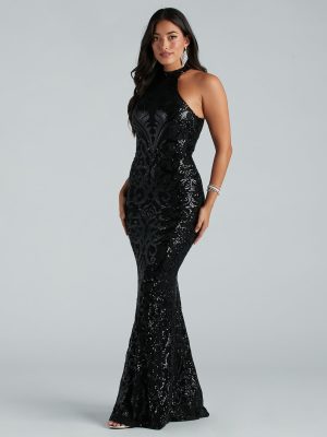 Sallie Formal Sequin Halter Mermaid Dress