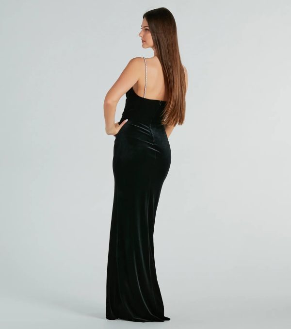 Elara Formal Velvet Rhinestone Strap Long Dress - Image 2