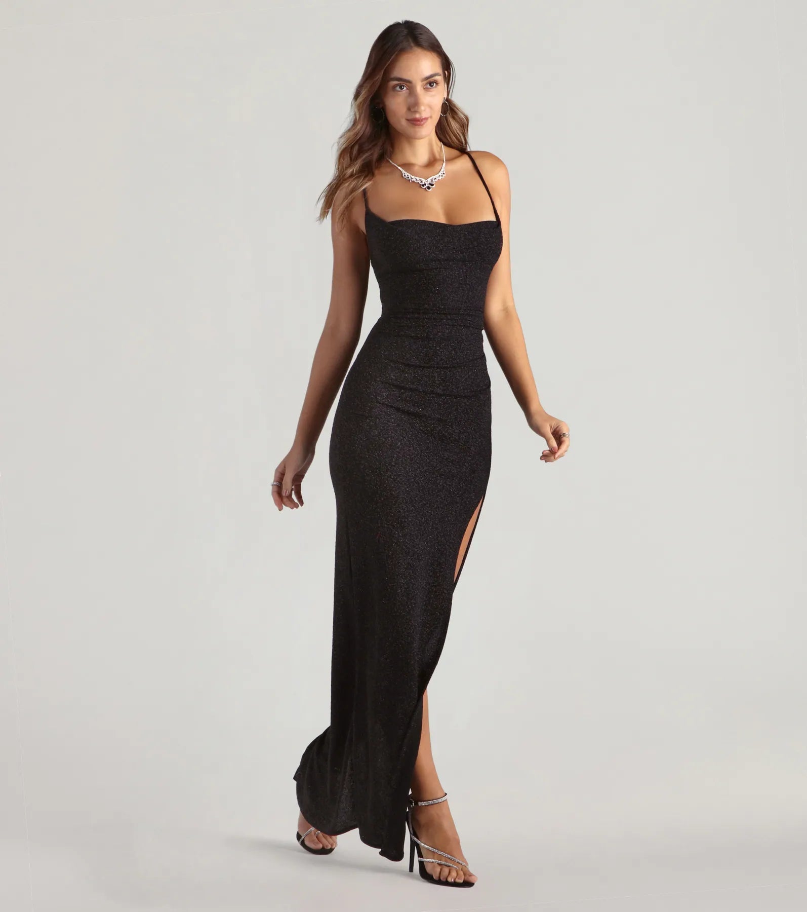 Amirah Formal Glitter Cowl Neck Column Dress - Image 7