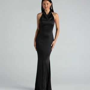 Amber Formal Satin Halter Open Back Long Dress