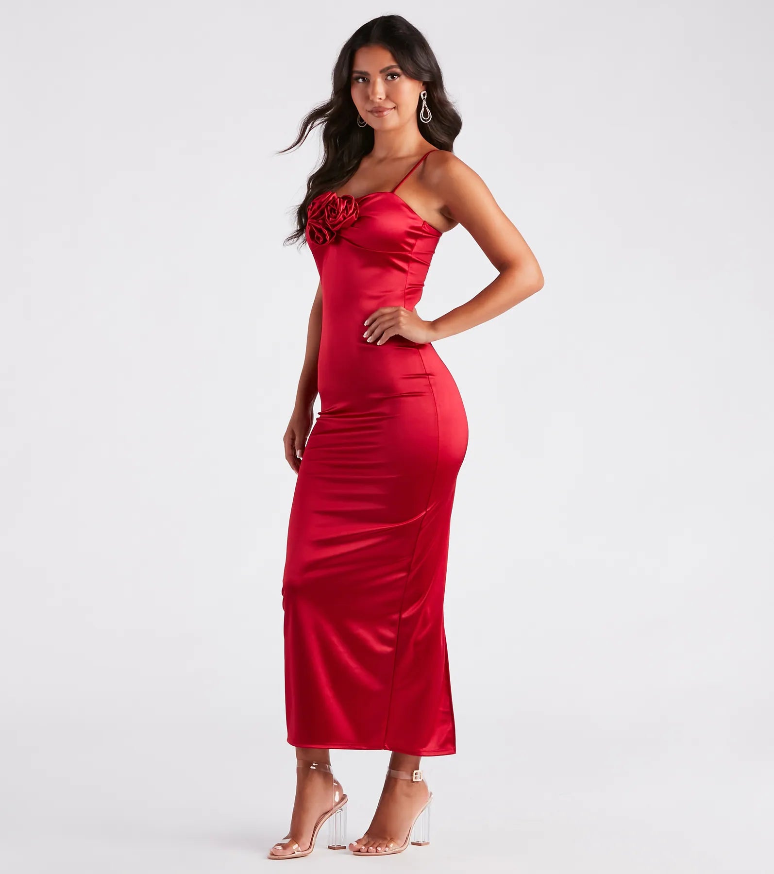 Leia Rosette Applique Long Satin Formal Dress - Image 3