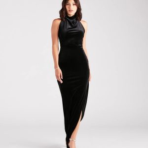 Mildred Formal Velvet Halter Slit Long Dress