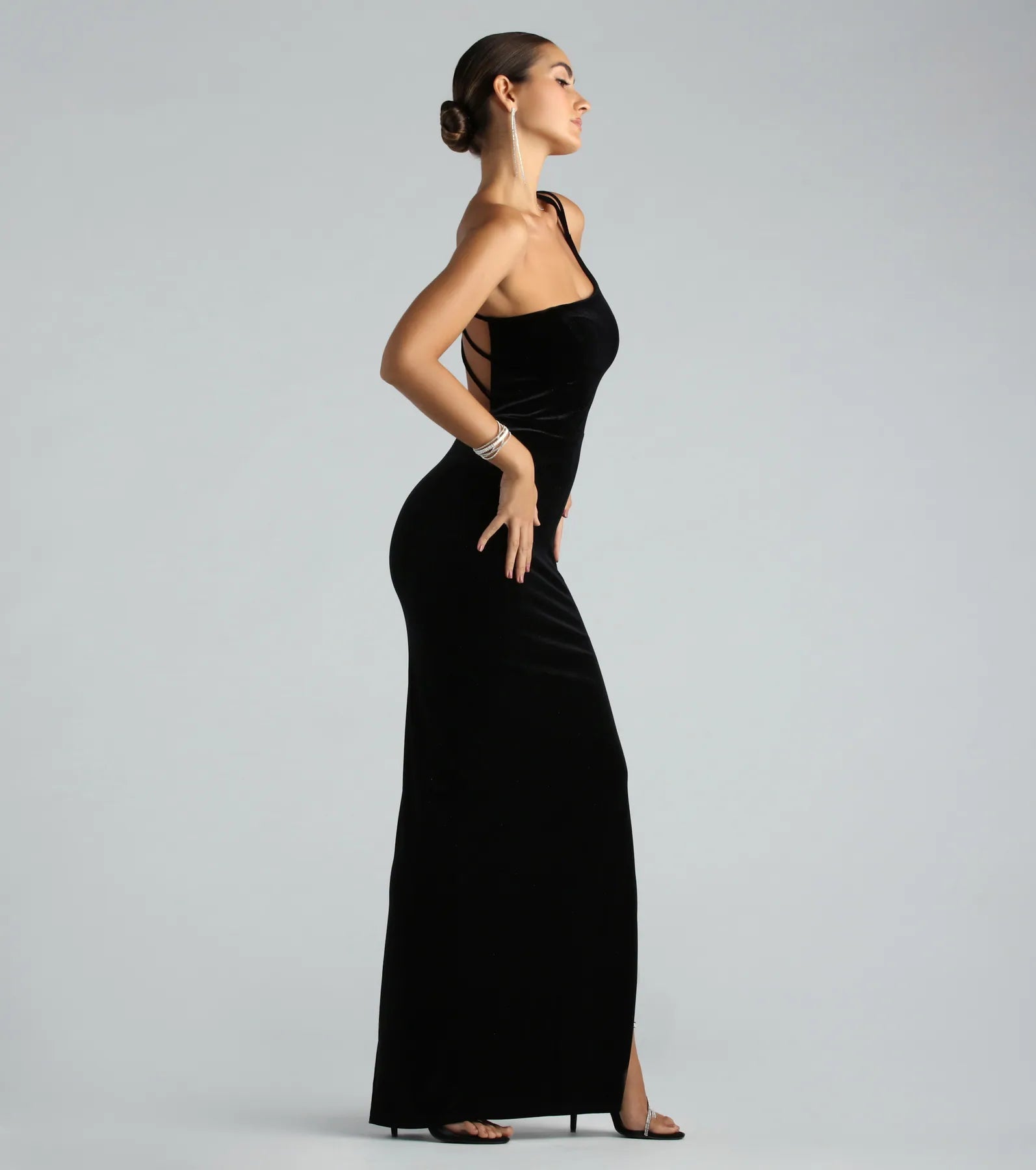Lilian Formal Glitter Velvet Strappy Back Long Dress - Image 3