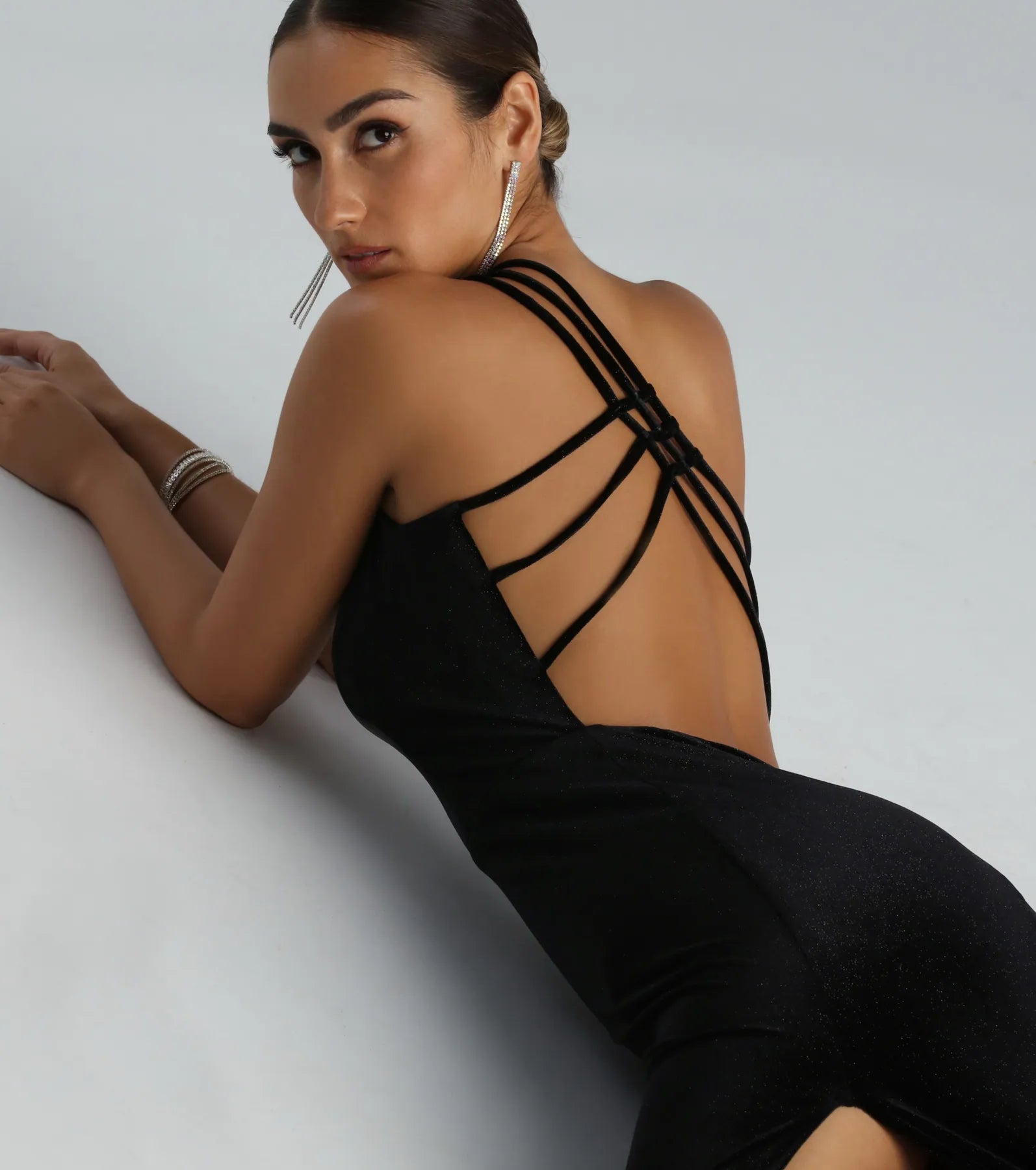 Lilian Formal Glitter Velvet Strappy Back Long Dress - Image 4