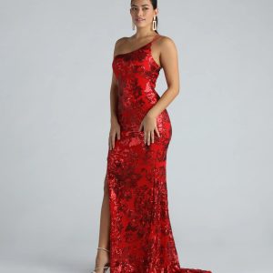 Kris Formal Sequin One Shoulder Dress With Train