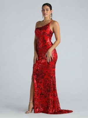 Kris Formal Sequin One Shoulder Dress With Train