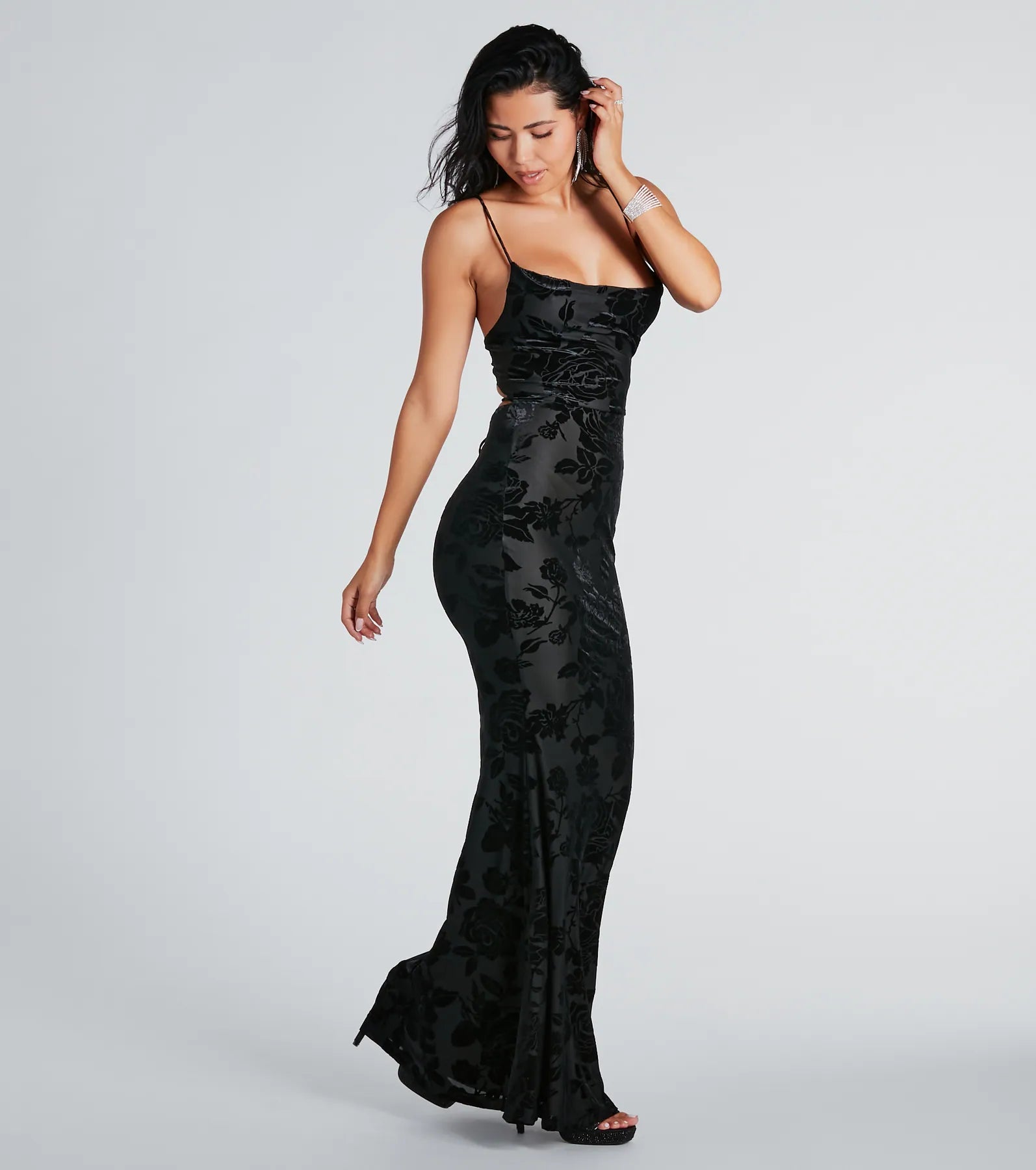 Ally Formal Velvet Burnout Lace-Up Mermaid Dress - Image 3