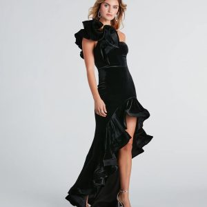 Beatrice Formal Velvet Ruffle High Low Dress