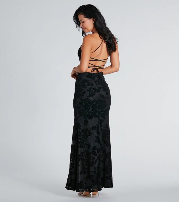 Norma Formal Velvet Floral Lace-Up Mermaid Dress - Image 2