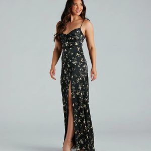 Mackenzie Formal Satin Floral Lace-Up Dress