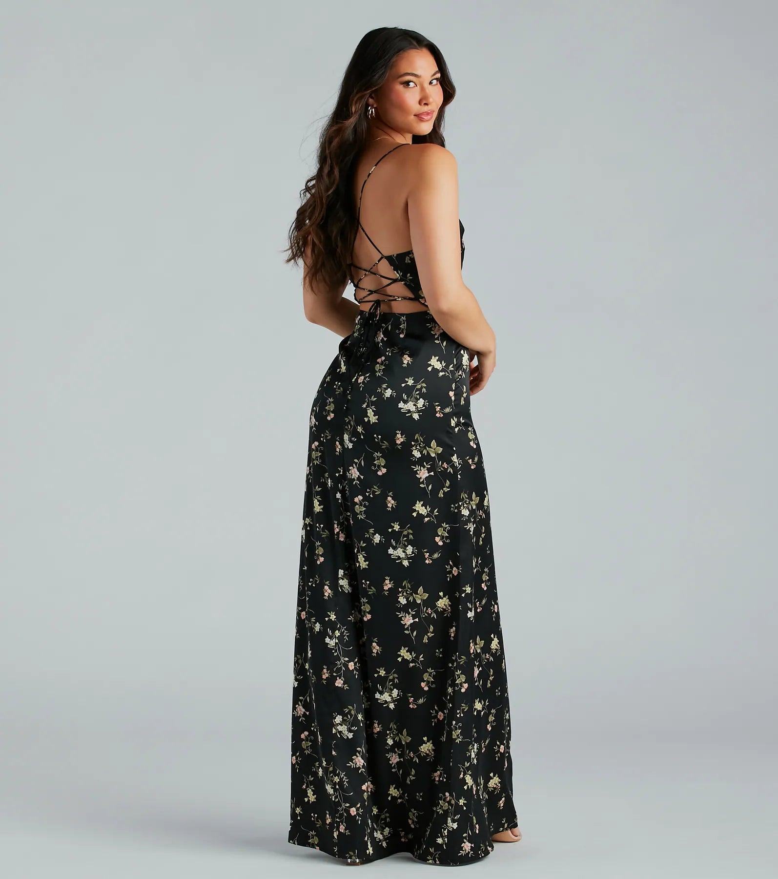 Mackenzie Formal Satin Floral Lace-Up Dress - Image 2