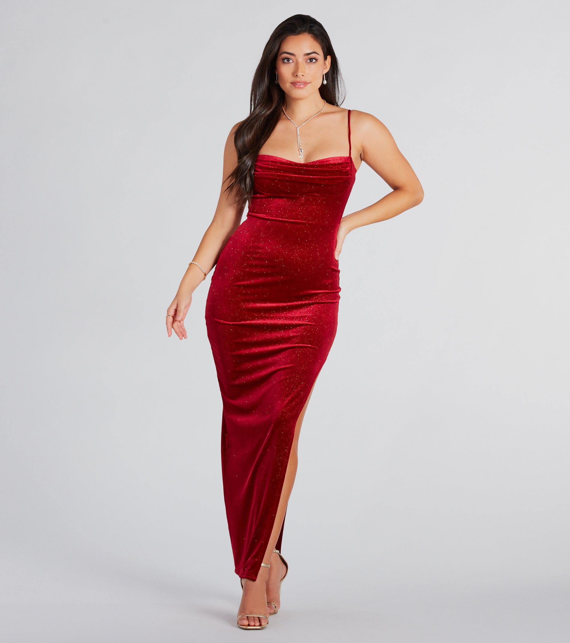 Azelia Formal Glitter Velvet Slit Long Dress - Image 3