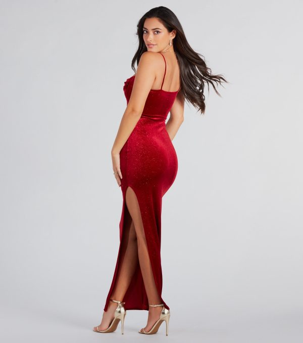 Azelia Formal Glitter Velvet Slit Long Dress - Image 2