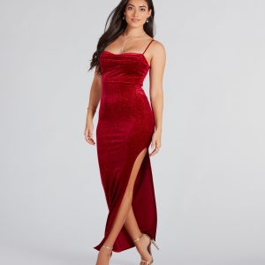 Azelia Formal Glitter Velvet Slit Long Dress