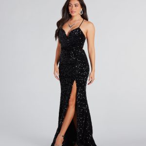 Giselle Formal Sequin Velvet Lace-Up Dress