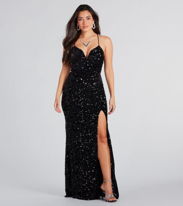 Giselle Formal Sequin Velvet Lace-Up Dress - Image 4